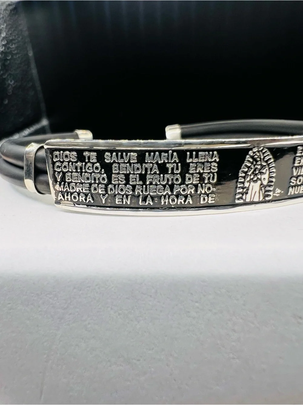 Men's Black Rubber and Sterling Silver 925 Prayer cuff, adjustable cuff